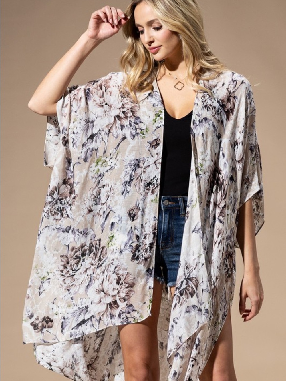 Light Beige Floral Kimono Cardigan OS, NWT